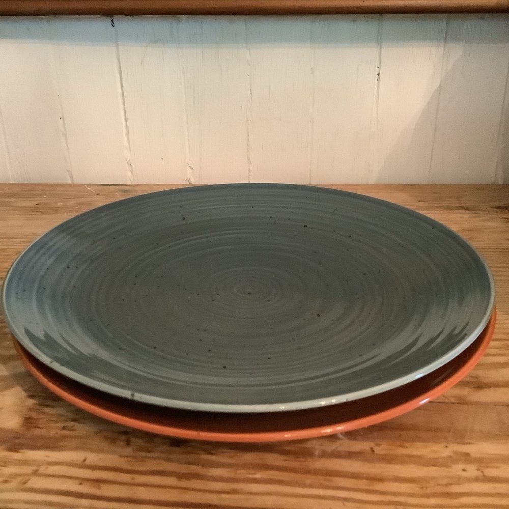Sango China Rust + Blue 2 Speckled Dinner Plates